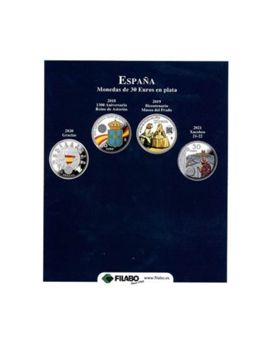 ALBUM MONEDAS DE ESPAÑA EN PLATA DE 2000 PESETAS, 12 EURO, 20 EUROS Y 30 EUROS EN SKAY AZUL CON CAJETIN