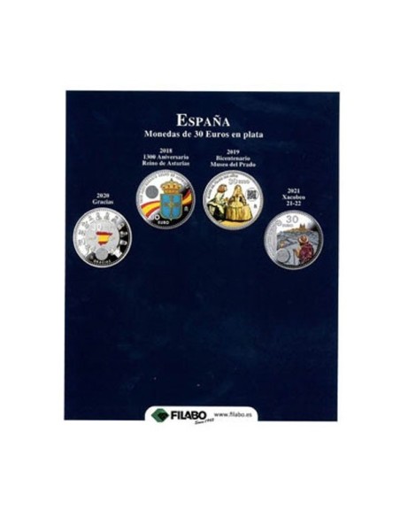 ALBUM MONEDAS DE ESPAÑA EN PLATA DE 2000 PESETAS, 12 EURO, 20 EUROS Y 30 EUROS EN SKAY AZUL CON CAJETIN